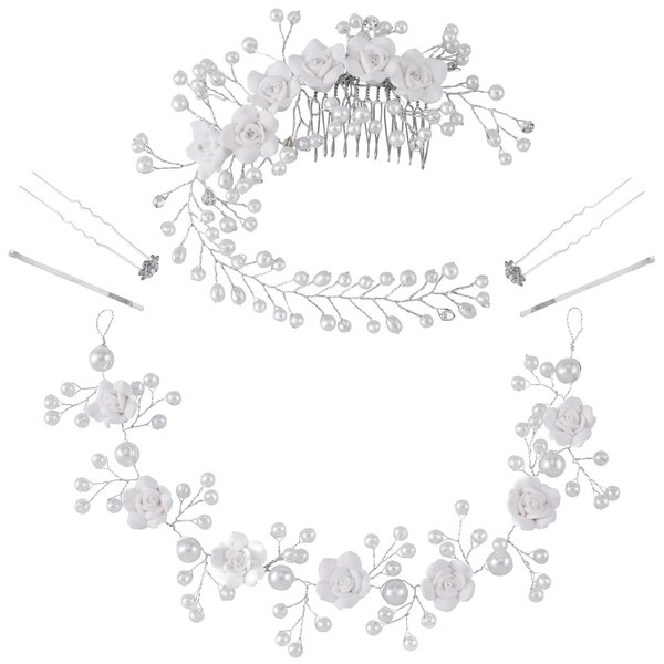 PAGOW 4pcs Pearl Hair Comb, Classic Wedding Hair Comb Headband, Bridal Faux Pearl Branch and White Rose Flower Hair Vine, U-shaped Hair Clip Hair Accessories (Silver)