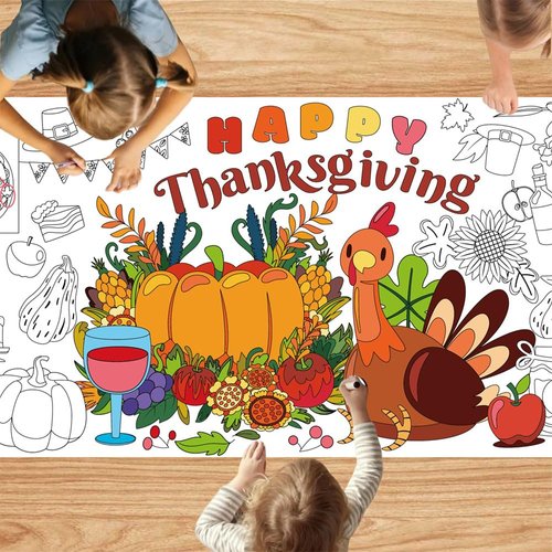 Quimoy Thanksgiving Giant Coloring Poster, 72 x 30 Inches Thanksgiving Tablecloth/Banner, Thanksgiving Crafts for Kids School Classroom Home Party Supplies