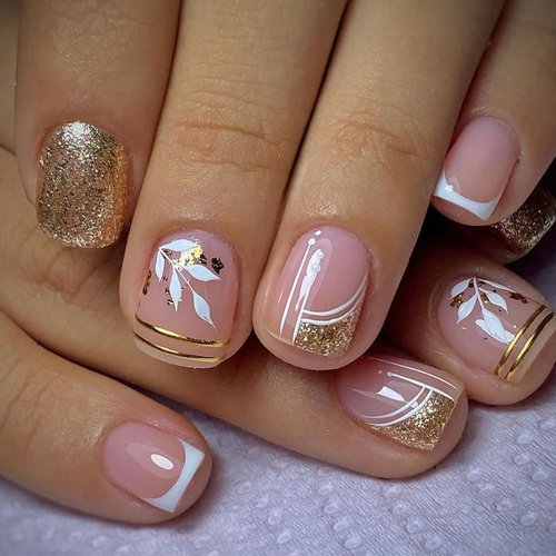 ANDGING Extra Short Press on Nails Square Fake Nails with Glue Fantasy Acrylic Glitter Gold Leaf Glue on Nails with Designs Gel Manicure False Nail for Women Classy Stick ons Nails for Girls Wedding