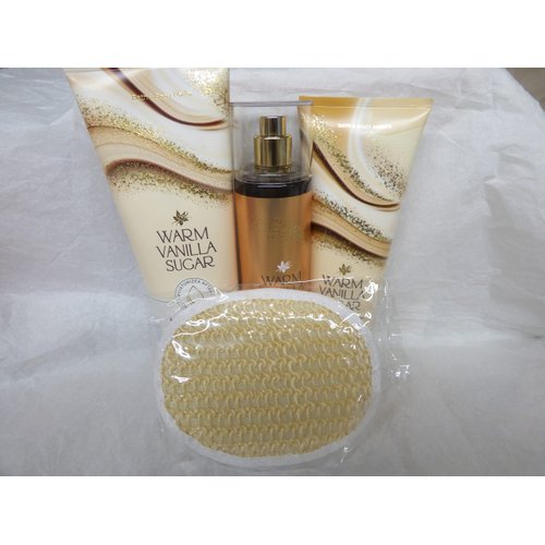 3 Warm Vanilla Sugar Bundle set Moisturizing Body Wash 10 fl oz Body Mist 8 fl oz Body Cream 8 fl oz Sisal Sponge Bath Body works