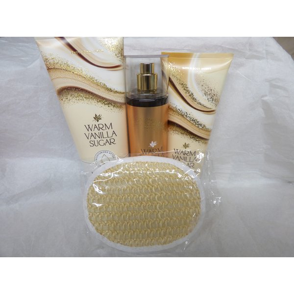 3 Warm Vanilla Sugar Bundle set Moisturizing Body Wash 10 fl oz Body Mist 8 fl oz Body Cream 8 fl oz Sisal Sponge Bath Body works