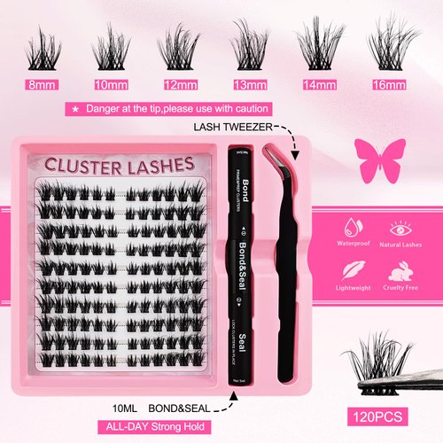 Fluffy Lash Clusters Kit 120pcs DIY Lash Extension Kit, Wispy Lash Clusters Kit Natural 8-16mm Thick Volume Eyelashes Extension Kit with Lash Bond and Seal and Lash Tweezers.(120P-07A-Kit)