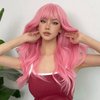 Anbacemi 28inch Pink Wig with Bangs Long Wavy Pink Wigs for Women Curly Synthetic Wig Heat Resistant Cosplay Wigs Colorful Wigs for Daily Party Use