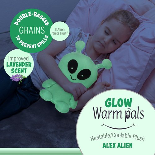 Warm Pals Scented Glow in the Dark Alien Plush, Cozy Microwavable and Freezable Plush Toys Filled with Natural Grains and Lavender, Heatable and Coolable Bedtime Comfort Weighted Stuffed Animal
