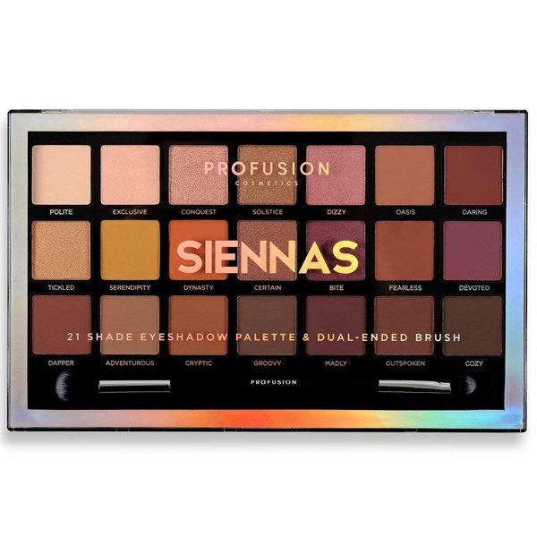Profusion Cosmetics 21 Shade Eyeshadow Palette Collection & Brush, Siennas
