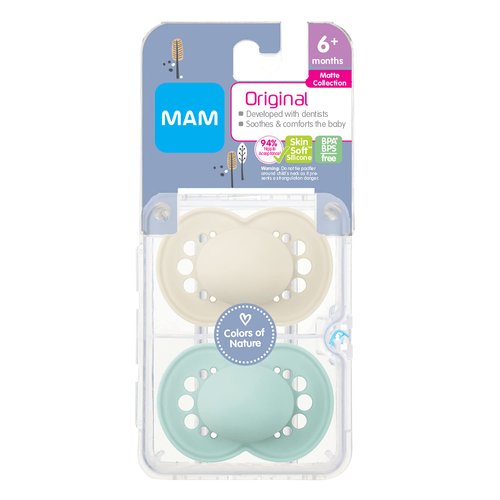 MAM Original Matte Pacifier (1 Sterilizing Pacifier Case), 6 Plus Months, Unisex Baby Pacifier, Best Pacifiers for Breastfed Babies, 6-16 Months (Pack of 2)