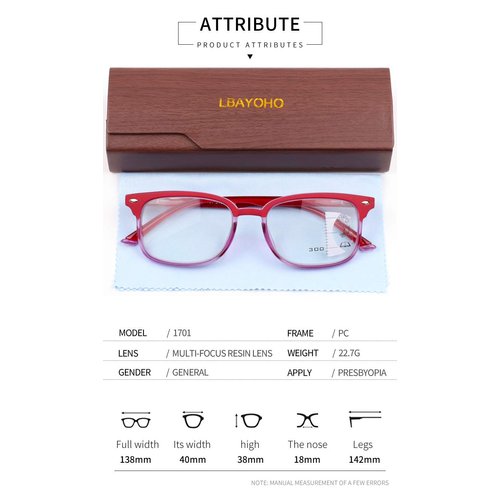 Progressive Multifocus Reading Glasses Women Men Blue Light Blocking, Red 2.0X