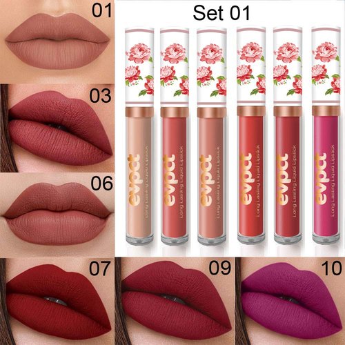 evpct 6Pcs Peony Flower Liquid Matte Lipstick Set,Dark Red Purple Permanent Lipsticks Lip Stain Set for Women Long Lasting Waterproof 24 Matt Lippies labiales larga duracion 24