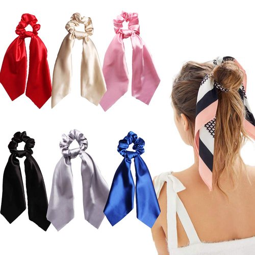 6Pcs Ribbon Scrunchie For Woman,Solid Colors Elastic Hair Bands Hair Scarf,Bow Hair Tie,Vintage Hair Accessories Ropes Ponytail Holder Scrunchy Ties for Women Girls (6 Colors Pack A)