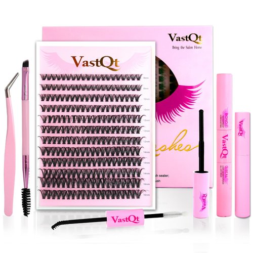 VastQt DIY Lash Extension Kit 240 Pcs Lash Clusters Lash Bond and Seal Applicator Tool for Eyelash Extensions (D curl 40P 8-16 MIX)