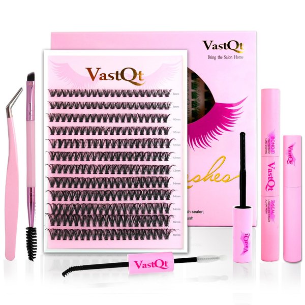 VastQt DIY Lash Extension Kit 240 Pcs Lash Clusters Lash Bond and Seal Applicator Tool for Eyelash Extensions (D curl 40P 8-16 MIX)