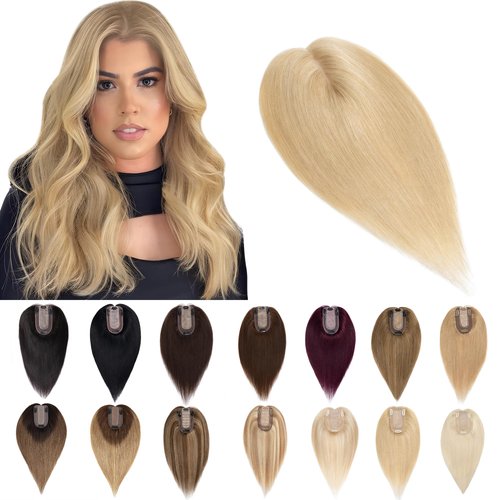 SEGO Human Hair Toppers for Women With Thinning Hair 7 * 13CM Silk Base 100% Real Human Hair Clip in Top Wiglet Hair Pieces -10 Inch No Bangs Natural Blonde