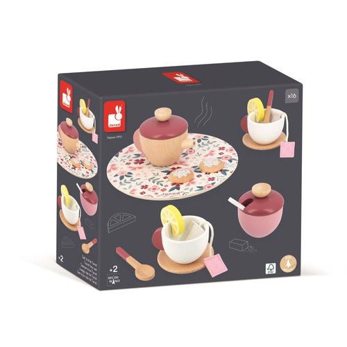 Janod Twist My First Tea Set - 16 Piece Wood and Felt Beginner Play Food Set - Includes Everything for Teatime - Pretend Play Set - Ages 2 - 5 Years - J06631