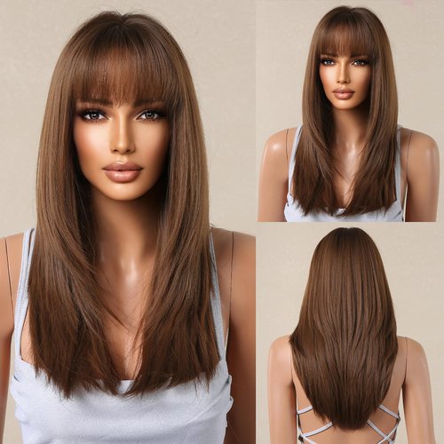 testar Brown Wig With Bangs,Shoulder Length Straight Wigs For Women,Medium Length Dark Brown Wig,Synthetic Layered Wig Natural Looking Wigs For Daily Party Use 22IN