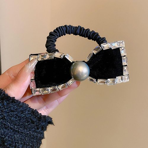 BERYUAN Elegant Black Bow Elastic Hair Tie Ponytail Holder Hair Ties Pearl crystal Bow Hair Scrun...