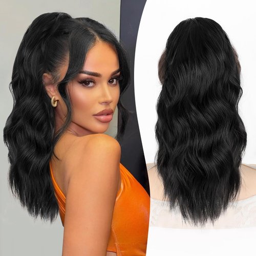 ALXNAN Ponytail Extension,16 Inch Claw Ponytail Hair Extensions for Women，Claw Clip in Long Wavy Synthetic Black Ponytail Extension for Daily Use.