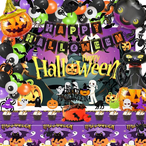 Birhgt 110 Pcs Halloween Party Decorations Supplies, Party Banner, Balloon Decorations Set, Halloween Themed Birthday Party Supplies Kits with Halloween Themed Tablecloth, Cutouts, Backdrop, Cake and