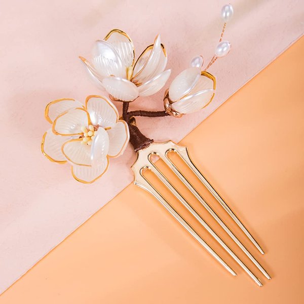 Lotus Flower with Pearl Hairpin Chinese Hanfu Style Hair Fork Retro Flower with Metal Handmade Hair Clip Hair Accessories for Women Girls Long Hair(Lotus)