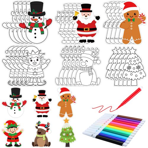 Gemscream 30 Sets Christmas Crafts Color Your Own Santa Elf Elk Magnet Craft Kit DIY Christmas Coloring Arts Magnet Ornaments for Fun Home Activities Art Party Favors