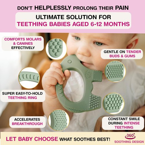 Teethers for Babies 6-12 Months - Baby Elefun 5x Pain Relief Toddler Teether. No More Ouch for Mom Anti Bite Trainer. Nurtures Grasping, Passing, Hand Eye Coordination. Silicone Baby Teething Toy Ring