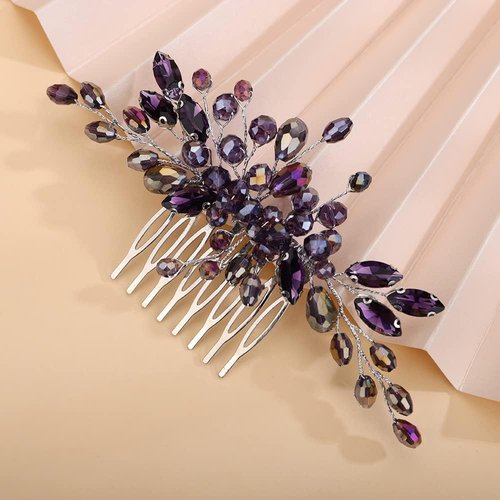 Rumtock Purple Rhinestones Beads Silver Hair Comb Side Headpiece for Wedding Brides Women Girls Handmade Hair Accessories (Purple)
