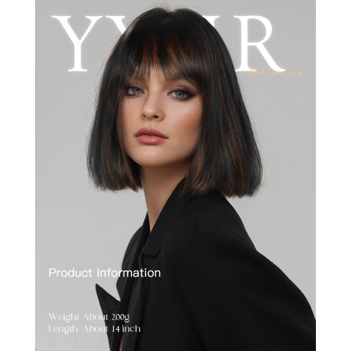 YYHR Short Bob Wig With Bangs 10" Black Mix Brown Yaki Straight Hair Daily Costume Wig Soft Light Synthetic Hair Replacement Wigs Heat Resistant (10 Inch, F1B/30)