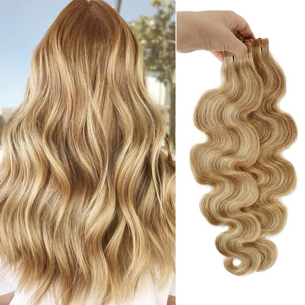Body Wave Blonde Tape in Hair Extensions Balayage Human Hair Extensions 50grams/20pcs Strawberry Blonde to Bleach Blonde Body Wave 100% Remy Hair pieces Tape on Extensions(H#27/613)…