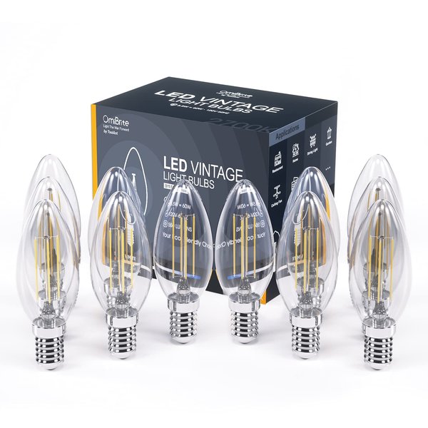 OmiBrite E12 LED Chandelier Light Bulbs, Dimmable, 60 Watt Equivalent, 2700K Warm White, 550Lumens, 5.5W B11 Candelabra Base Candle Bulbs, CRI 90+, 12/Pack, UL-Listed