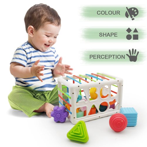 TwKueor Baby Shape Sorting Cube with ABCD and Shape Blocks, Sensory Bin with Colorful Elastic Rope for Toddlers, Babies and Kids Early Educational Montessori Learning Developmental STEM Toys