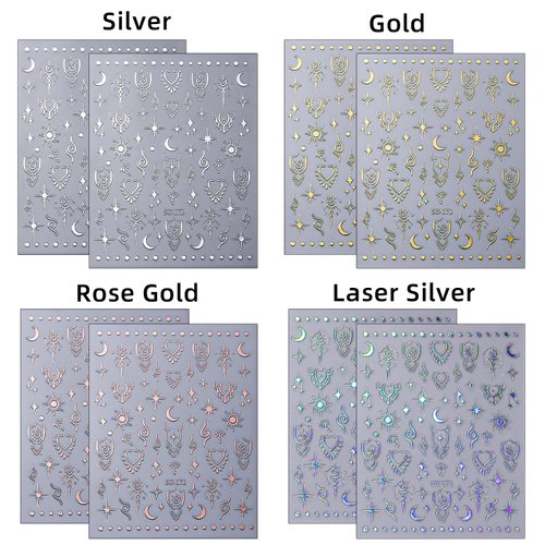 CHANGAR 8 Sheets Moon Star Nail Stickers for Nail Art Metallic Sun Totem Nail Decals Holographic Laser Gold Silver Nail Stickers Boho Sun Stars Moon Heart Nail Art Designs Decals for Women Nail Decora