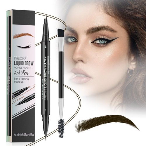 Eyebrow Pen - Microblading Eyebrow Pencil, Waterproof Natural Eyebrow Pen Dual-Ended Eyebrow Brush, 2-Fork-Tip & Precise Brush-Tip Create Natural Hair-Like Brows, Dark Brown