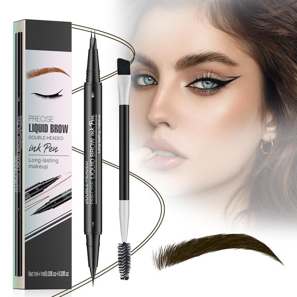 Eyebrow Pen - Microblading Eyebrow Pencil, Waterproof Natural Eyebrow Pen Dual-Ended Eyebrow Brush, 2-Fork-Tip & Precise Brush-Tip Create Natural Hair-Like Brows, Dark Brown