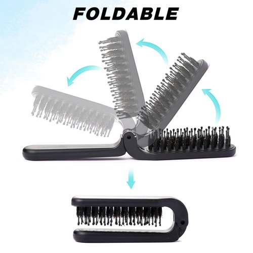 Travel Folding Boar Bristle Hair Brush, 2 Pack Mini Portable Collapsible Pocket Size Hairbrush for All Hair Types - Thick, Thin, Curly - Restores Shine for Women & Men