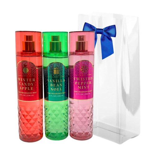 Bath & Body Works Fine Fragrance Mist - Winter Candy Apple, Vanilla Bean Noel, Twisted Peppermint - Gift Set with a Blue Bow for Holiday & Gifts - Full size 8oz (2023 Edition)