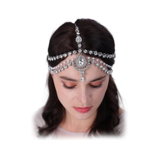 Aimimier Boho Teardrop Crystal Head Chain Layered Faux Pearl Forehead Chain Wedding Headpiece for Women (Silver)