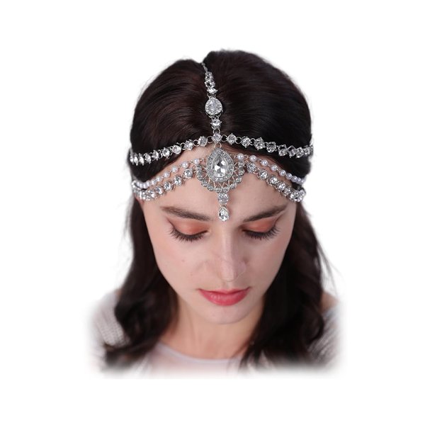 Aimimier Boho Teardrop Crystal Head Chain Layered Faux Pearl Forehead Chain Wedding Headpiece for Women (Silver)