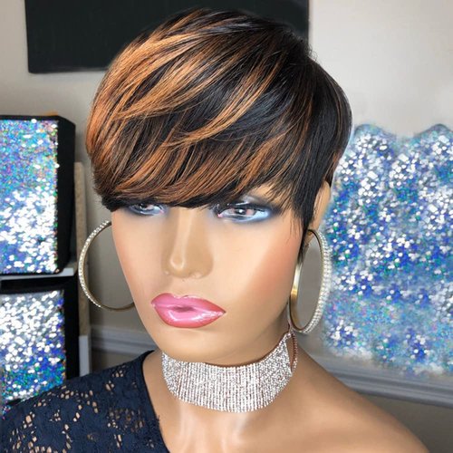 PangDongLai Pixie Cut Wigs for Black Women Pixie HairCut Human Hair Wigs Short Brazilian Remy Human Hair Black with Brown F1B/33 Color Short Layered Wavy Wigs for Black Women