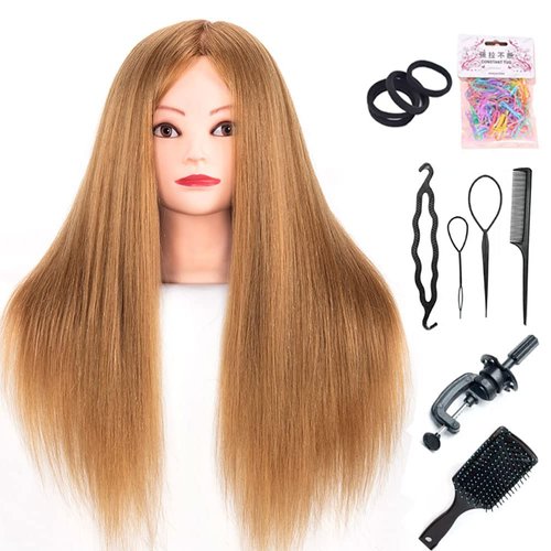 Mannequin Head with Hair 60% Human Hair24"-26" hair mannequin doll head hair styling manikin head Cosmetology Doll Head （Table Clamp Stand Included) (yellow)