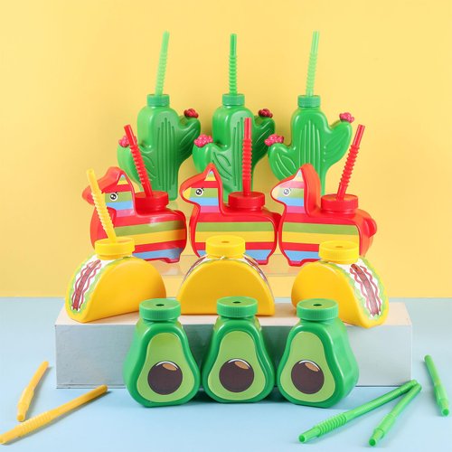 Domensi Cinco De Mayo Birthday Party Favor Cups with Straws and Lids,10oz Fiesta Plastic Cups Bulk Taco Cactus Avocado Cups for Cinco De Mayo Birthday Party Supplies & Mexican Decorations(12 Pack)