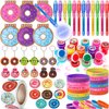 KELENO 61 Donut Party Favors Two Sweet Birthday Party Supplies Mini Notebook Ink Pen Stamp Silicone Bracelet Keychain Sticker Toy Gift Goodie Bag Stuffer Kid Girl Candyland Party Favors