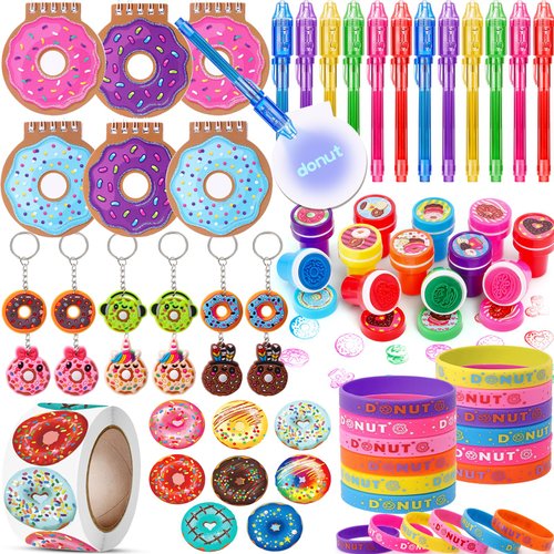 KELENO 61 Donut Party Favors Two Sweet Birthday Party Supplies Mini Notebook Ink Pen Stamp Silicone Bracelet Keychain Sticker Toy Gift Goodie Bag Stuffer Kid Girl Candyland Party Favors