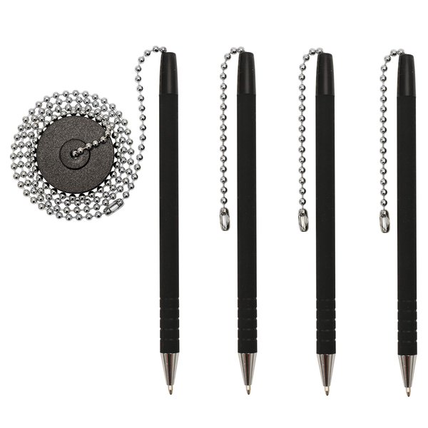 Officewerks Secure Pen With Chain And Office Pen Holder Adhesive, Reception Counter Pen With 26" Ball Chain, 4 Pens With Chain Attached Per Pack, Rubber Grip, Black Ink, Easily Refillable