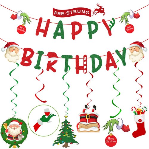 Christmas Birthday Party Decorations – Glittery Happy Birthday Banner, Christmas Hanging Swirls with Christmas Ornaments for Christmas Decorations, Christmas Birthday Decorations
