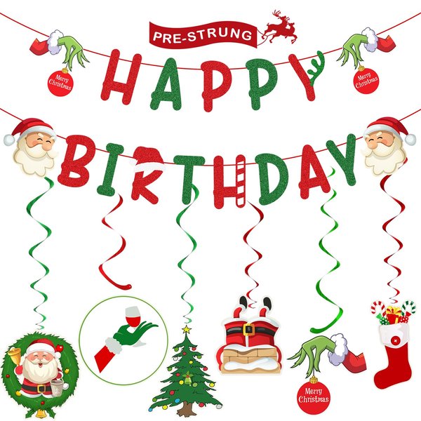 Christmas Birthday Party Decorations – Glittery Happy Birthday Banner, Christmas Hanging Swirls with Christmas Ornaments for Christmas Decorations, Christmas Birthday Decorations