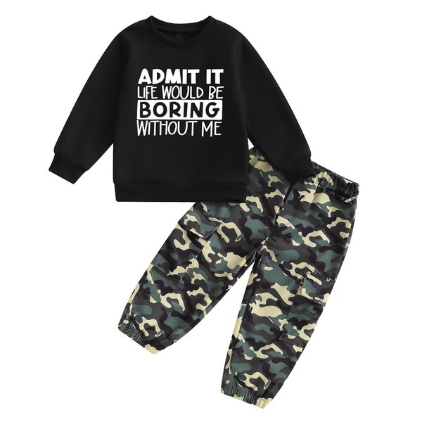 wdehow Toddler Kids Baby Boy Fall Outfits 1T 2T 3T 4T 5T Letter Print Long Sleeve Tops Camouflage Pants Winter Clothes Sets (D-Black 3, 3-4T)