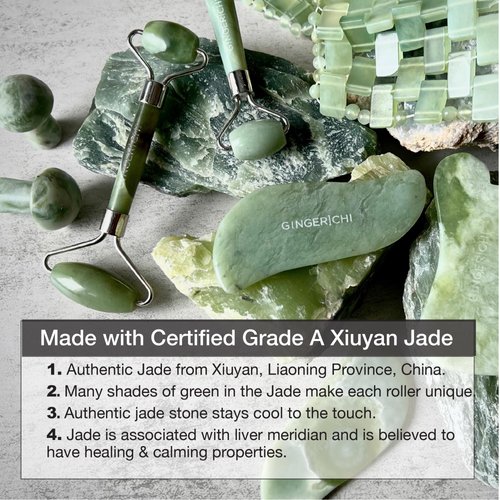 Ginger Chi Jade Roller - Anti-Aging Jade Therapy for Skin Care - Face Sculpting Tool for Eyes, Cheeks, Forehead - Jawline Shaper & Neck Roller - Face Roller is Part of The Gua Sha Facial Tools