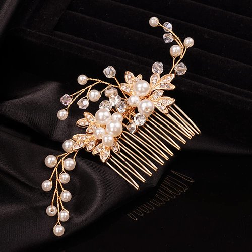 Teyglen Wedding Leaf Hair Comb Bridal Crystal Pearl Hair Pieces Handmade Gold Leaf Side Hair comb for Bride Rhinestone Hair Pieces Headpieces Bridal Hair Accessories for Women Girls (Gold)
