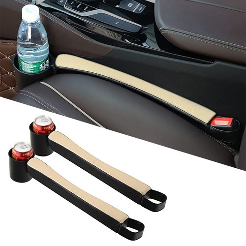 Tumecos Car Seat Gap Filler Pad PU Leather Console Side Pocket Organizer with One Cup Holder for Cellphone Wallet Coin Key 2 Pcs (Black+Beige Surface)