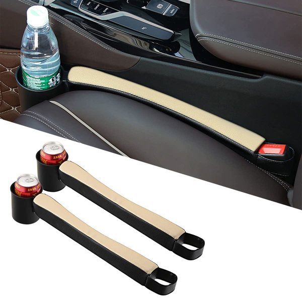 Tumecos Car Seat Gap Filler Pad PU Leather Console Side Pocket Organizer with One Cup Holder for Cellphone Wallet Coin Key 2 Pcs (Black+Beige Surface)