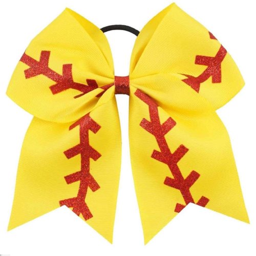 Kenz Laurenz Softball Bow Gifts - for Girls Team Yellow Red Stitching Ribbon to Match Bag Socks Pants Cheer Ponytail Holder Cheerleading Cheap Hair Bow Blanks to Custom (Softball Bow 1)